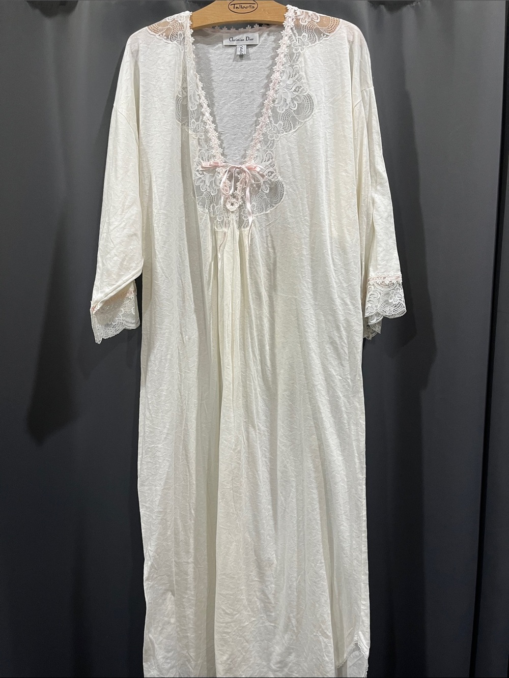 Vintage Christian Dior Cream Long Lace-Trim with Pink Bow